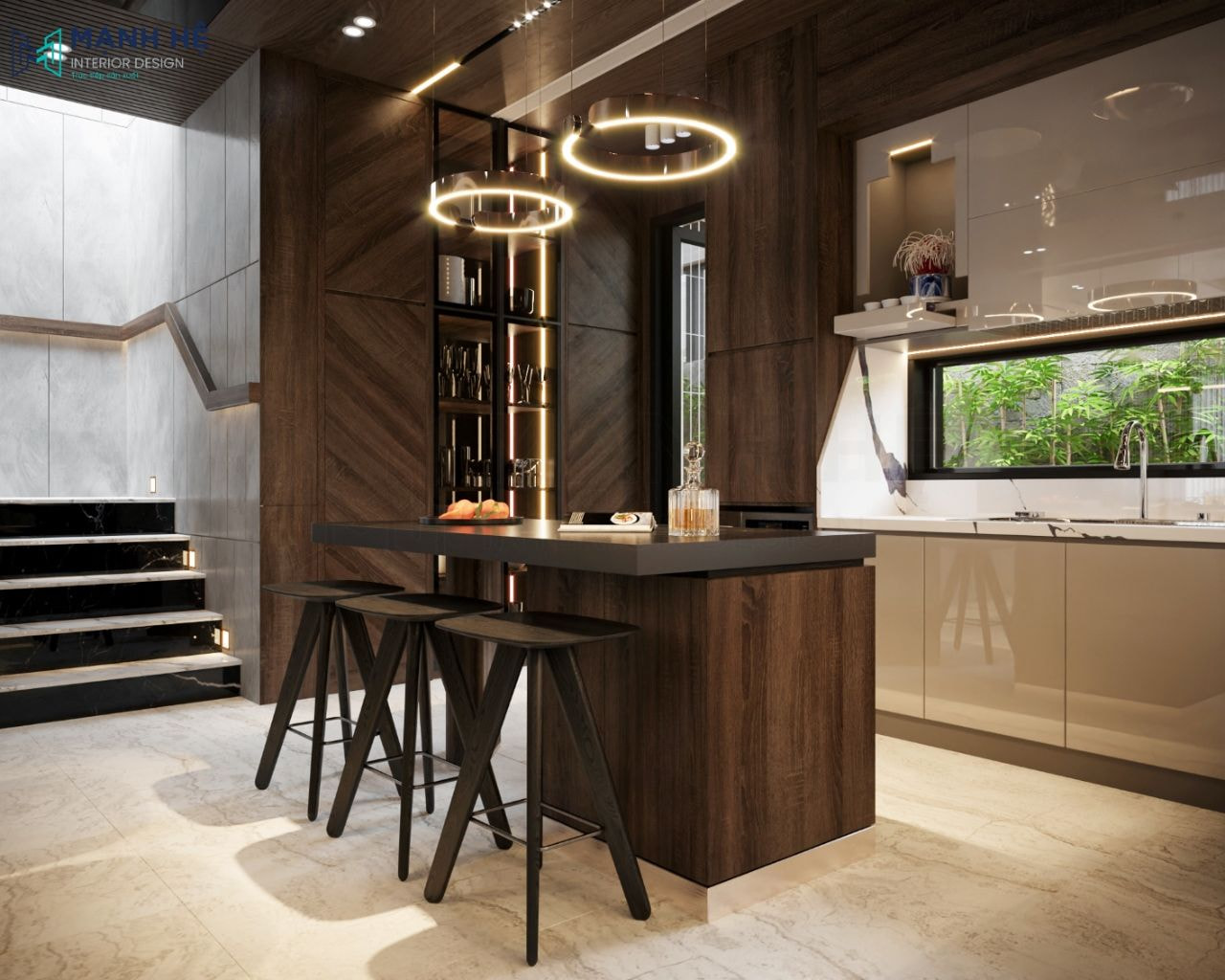Hệ tủ bếp gỗ công nghiệp phủ acrylic cho nhà phố có bàn thờ ông táo