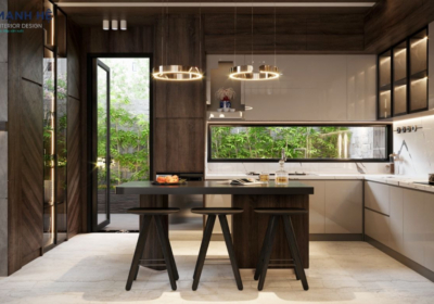 Hệ tủ bếp chữ L bằng gỗ công nghiệp MDF phủ lớp Acrylic sáng bóng