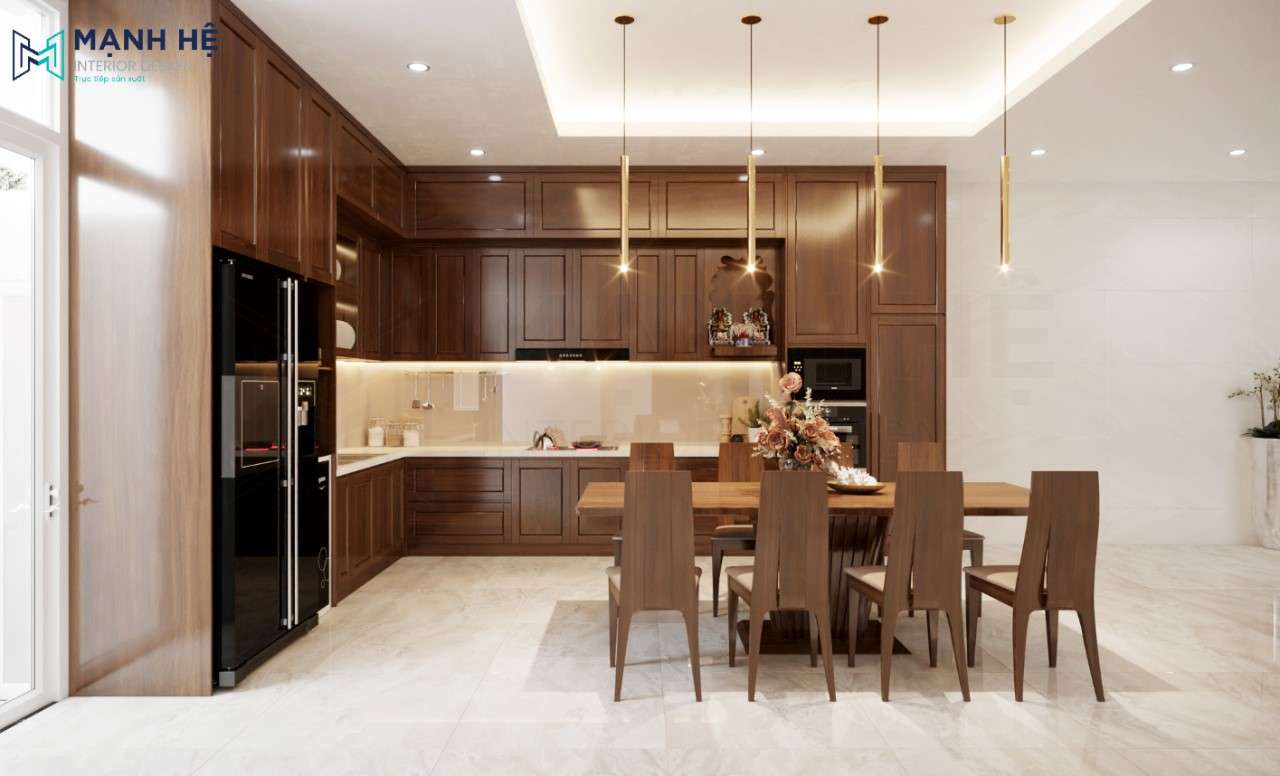 Trang trí nội thất phòng bếp nhà phố với tủ bếp chữ L làm từ gỗ Sồi
