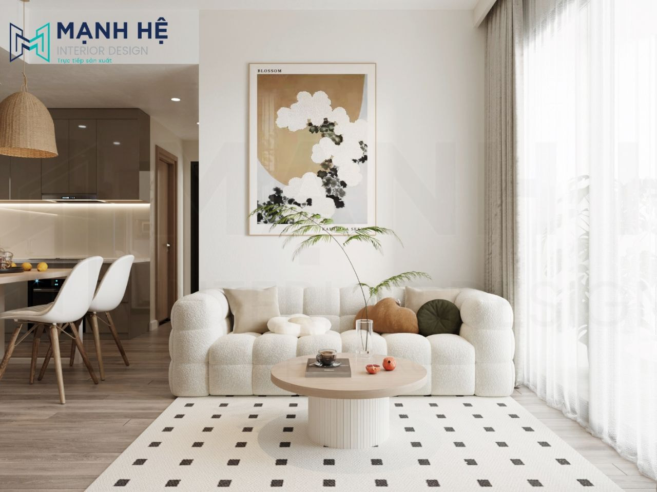 Ghế sofa đệm cao cấp với lối thiết kế kết hợp thảm trải sàn họa tiết đơn giản giúp tô điểm không gian phòng khách