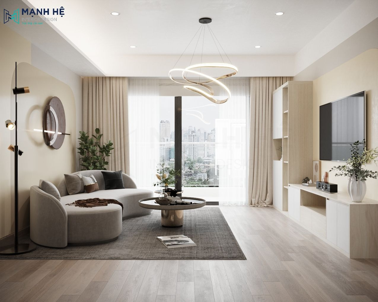 Không gian phòng khách liền bếp của căn hộ 85m2