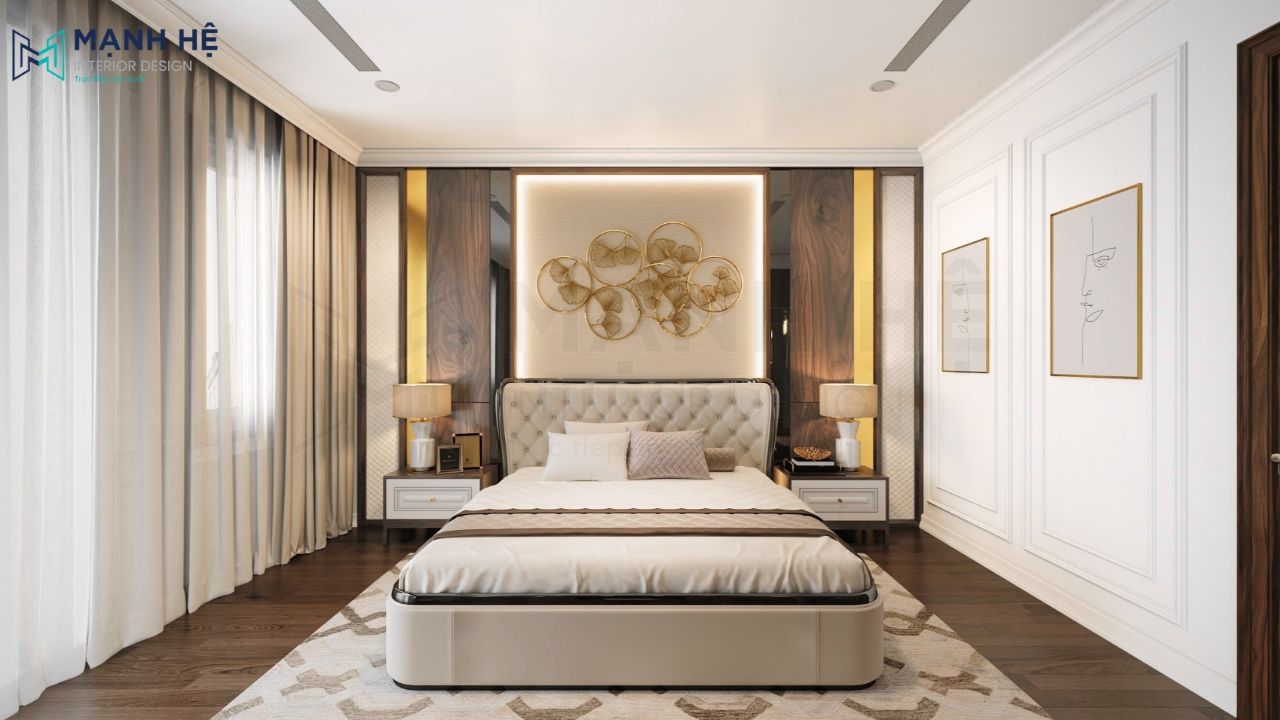 Hơi hướng tân cổ điển được áp dụng khi trang trí nội thất phòng ngủ biệt thự