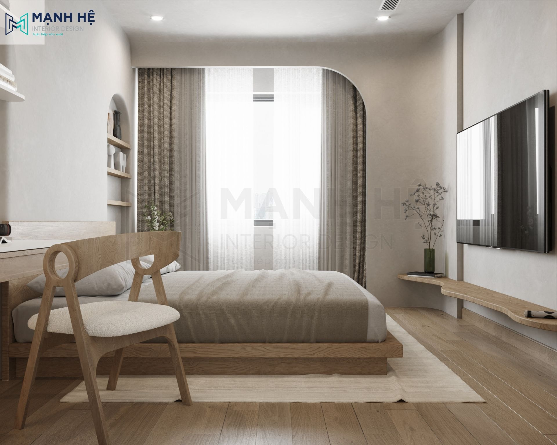 Phòng ngủ master được thiết kế hết sức tối giản, gọn gàng và ngăn nắp