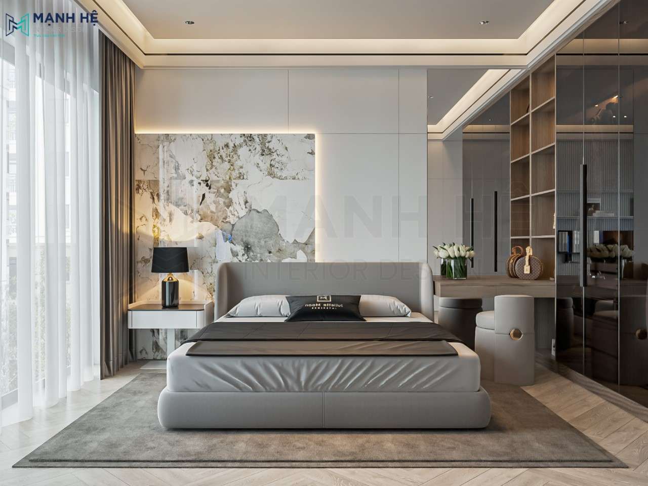 Thiết kế nội thất phòng ngủ master với nội thất tiện nghi, hiện đại