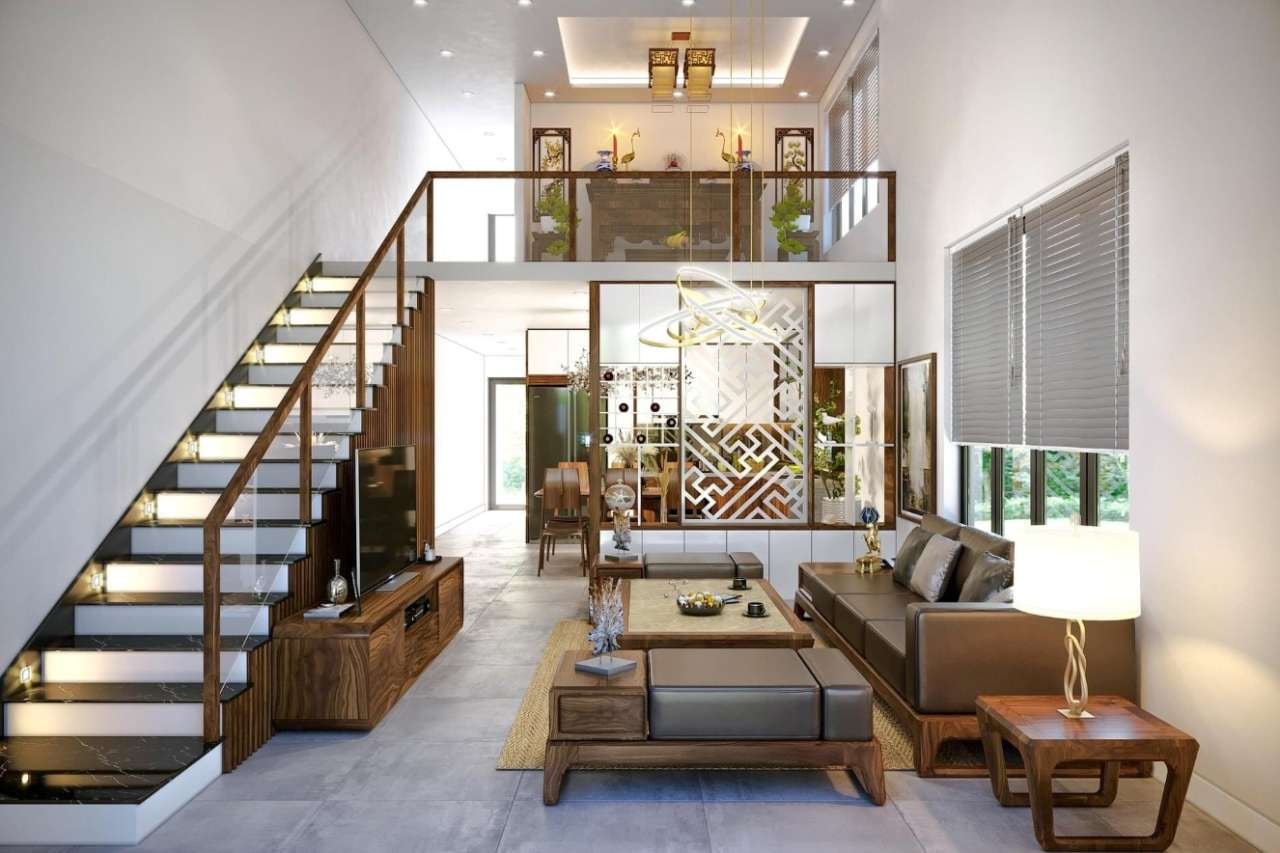 Mẫu nội thất trang trí phòng khách nhà cấp 4 có gác lửng 