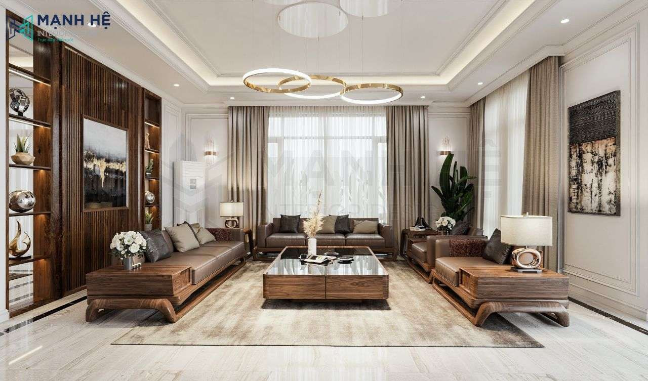 Mẫu nội thất phòng khách nhà cấp 4 gỗ Óc Chó đẳng cấp