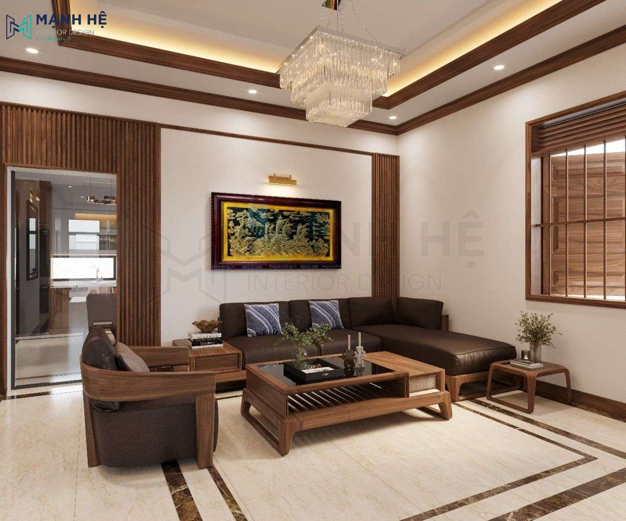 Có thể lựa chọn gỗ công nghiệp hoặc gỗ tự nhiên để làm nội thất phòng khách 