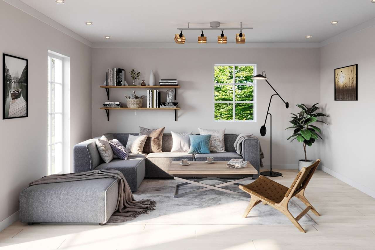 Trang trí phòng khách nhà cấp 4 với bộ sofa chữ L và bàn ghế gỗ 