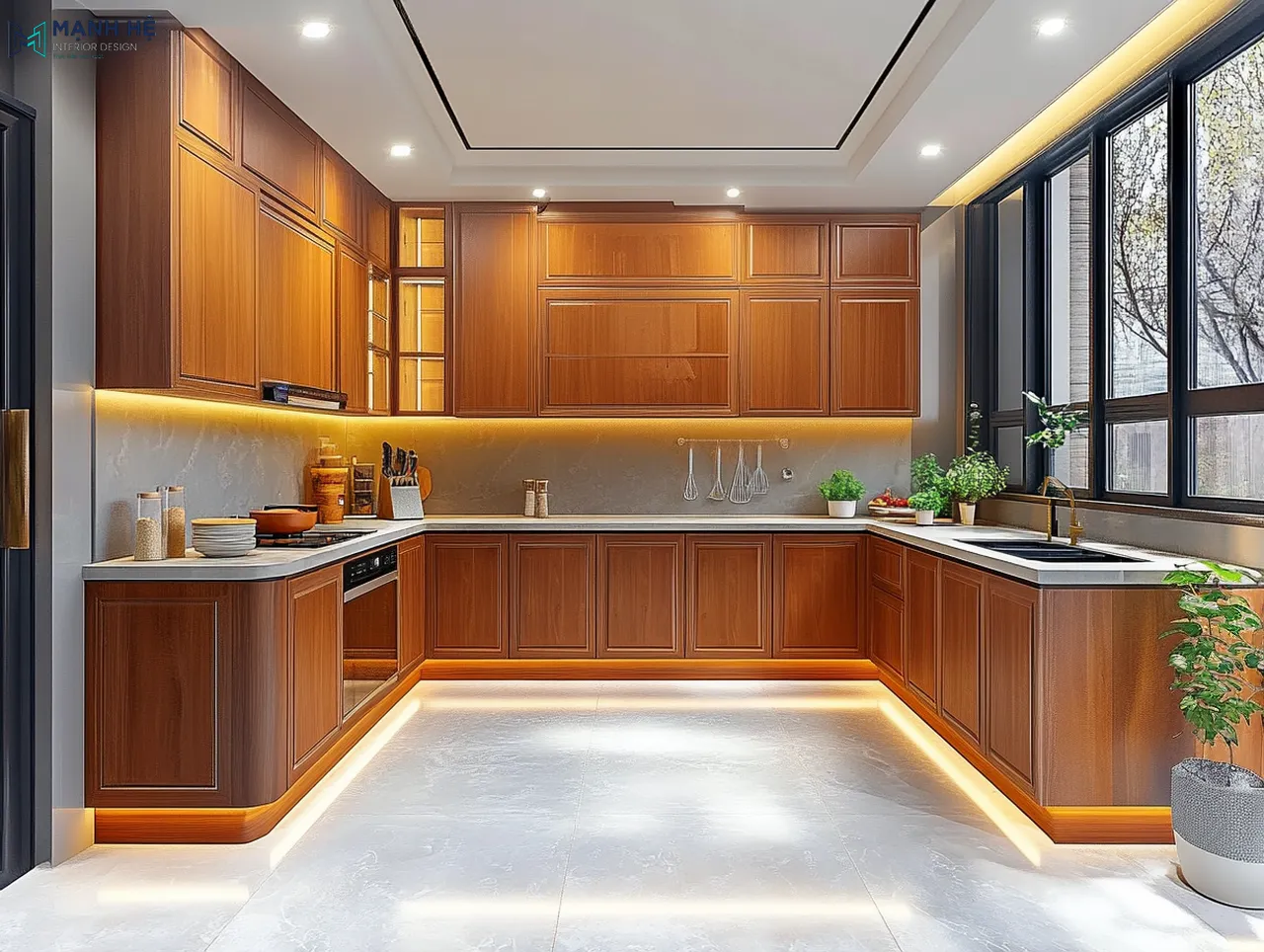 Mẫu tủ bếp gỗ gõ đỏ tự nhiên đẹp hiện đại với đèn led chạy âm tủ, cùng những đường nét pano đẹp mắt