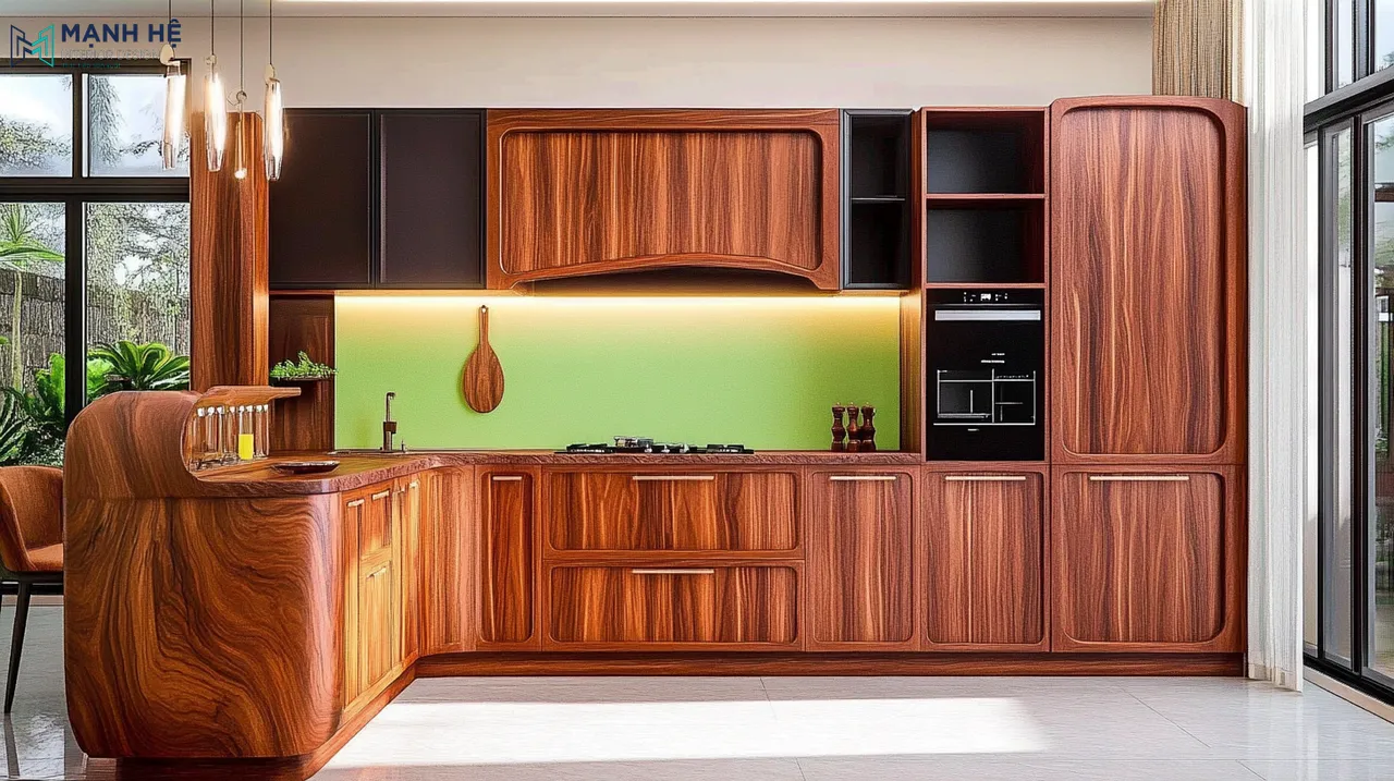 Thiết kế tủ bếp gỗ gõ đỏ đẹp với các đường nét bo cong mềm mại, mặt bếp nối giữa tủ bếp trên và dưới ốp kính thủy sang trong