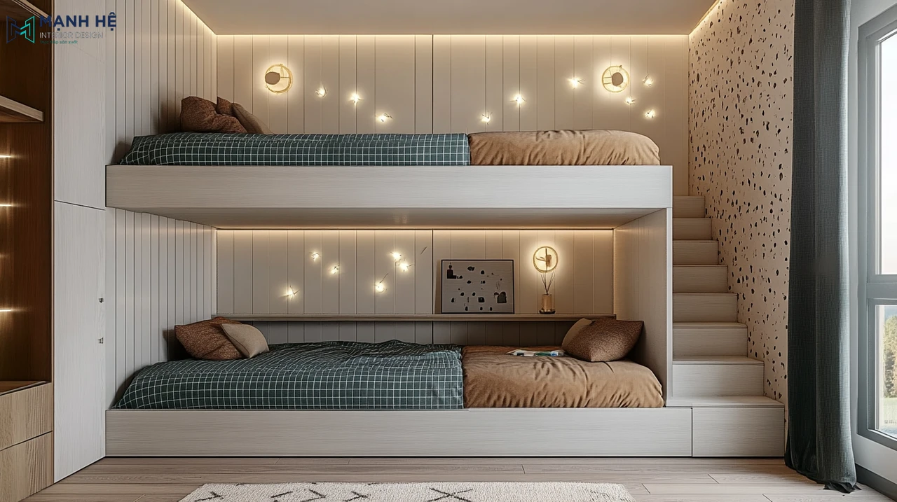 Thiết kế giường tầng người lớn bằng gỗ công nghiệp với gam màu trắng chủ đạo nổi bật với đèn tường