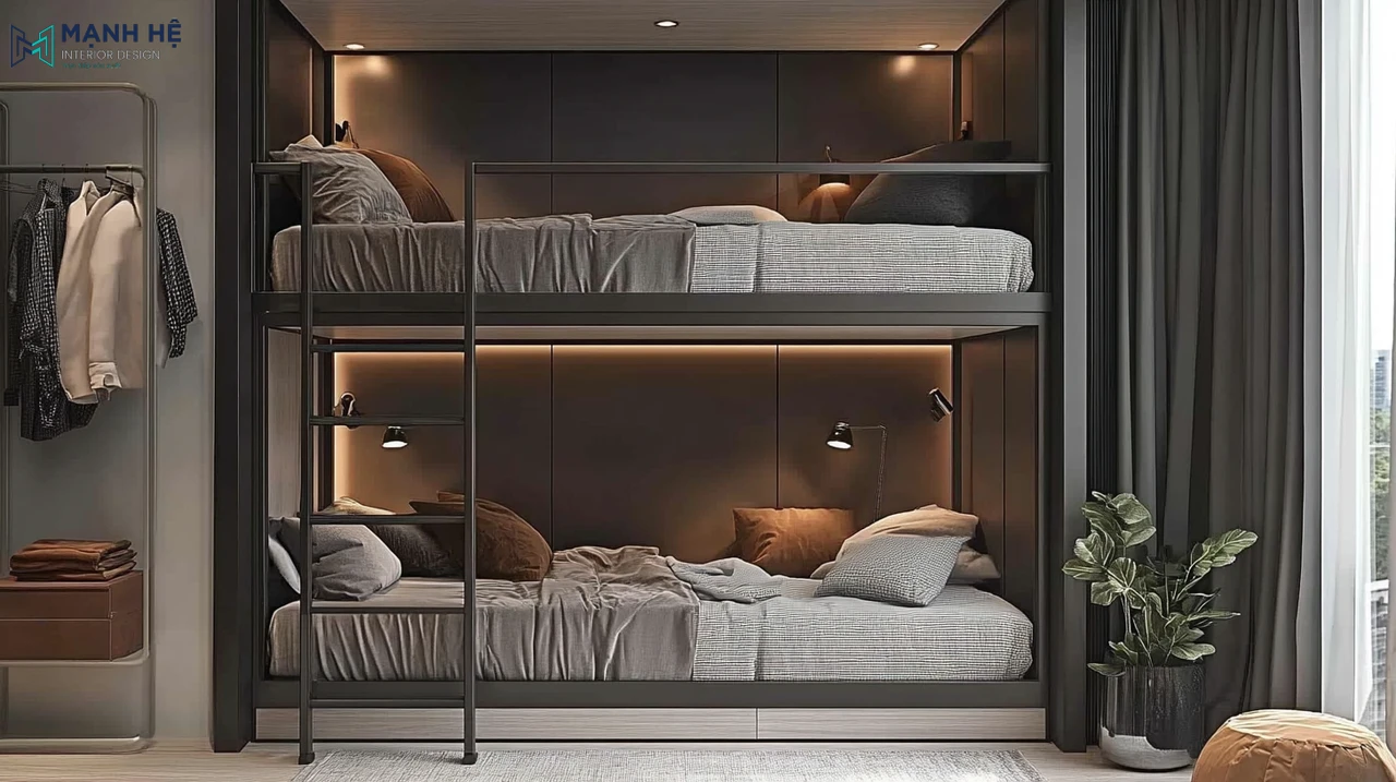 Giường tầng bằng sắt liền mạch với giá treo đồ