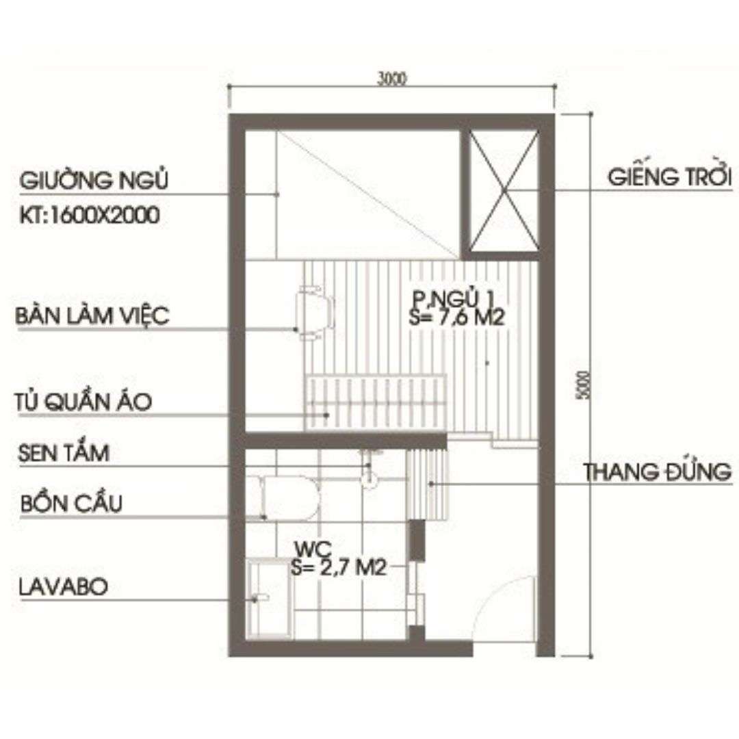 Bản vẽ bố trí mặt bằng phòng ngủ 10m2 có toilet