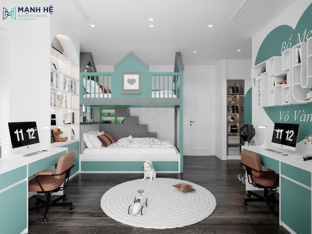Mẫu 5: Giường tầng cho bé được thiết kế với những đường nét tương đối đơn giản kết hợp với màu sắc trầm ấm
