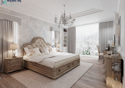 Phòng ngủ phong cách tân cổ điển đẹp quý phái nhờ vào những họa tiết được chạm khắc tỉ mỉ, sắc xảo