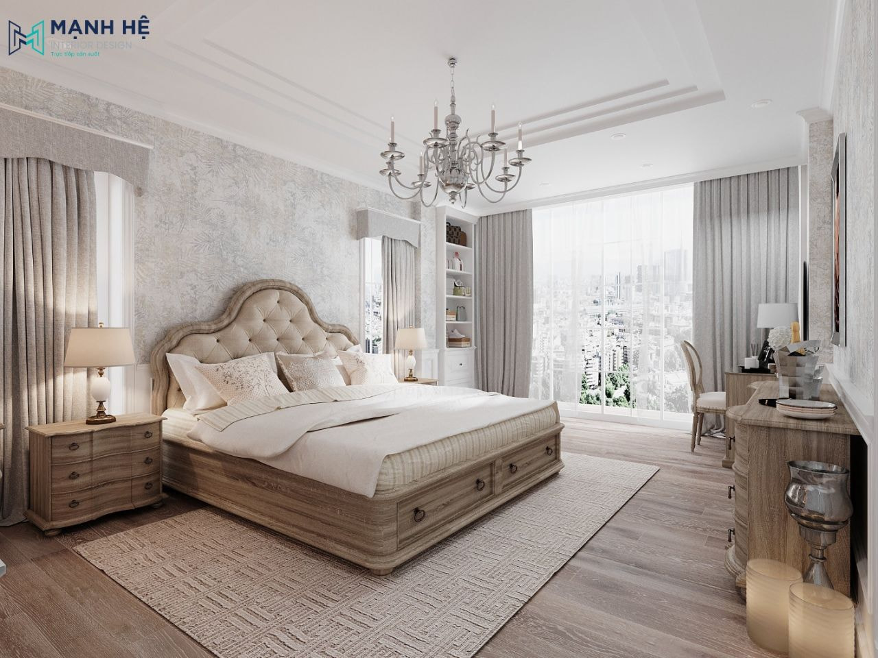 Phòng ngủ phong cách tân cổ điển đẹp quý phái nhờ vào những họa tiết được chạm khắc tỉ mỉ, sắc xảo