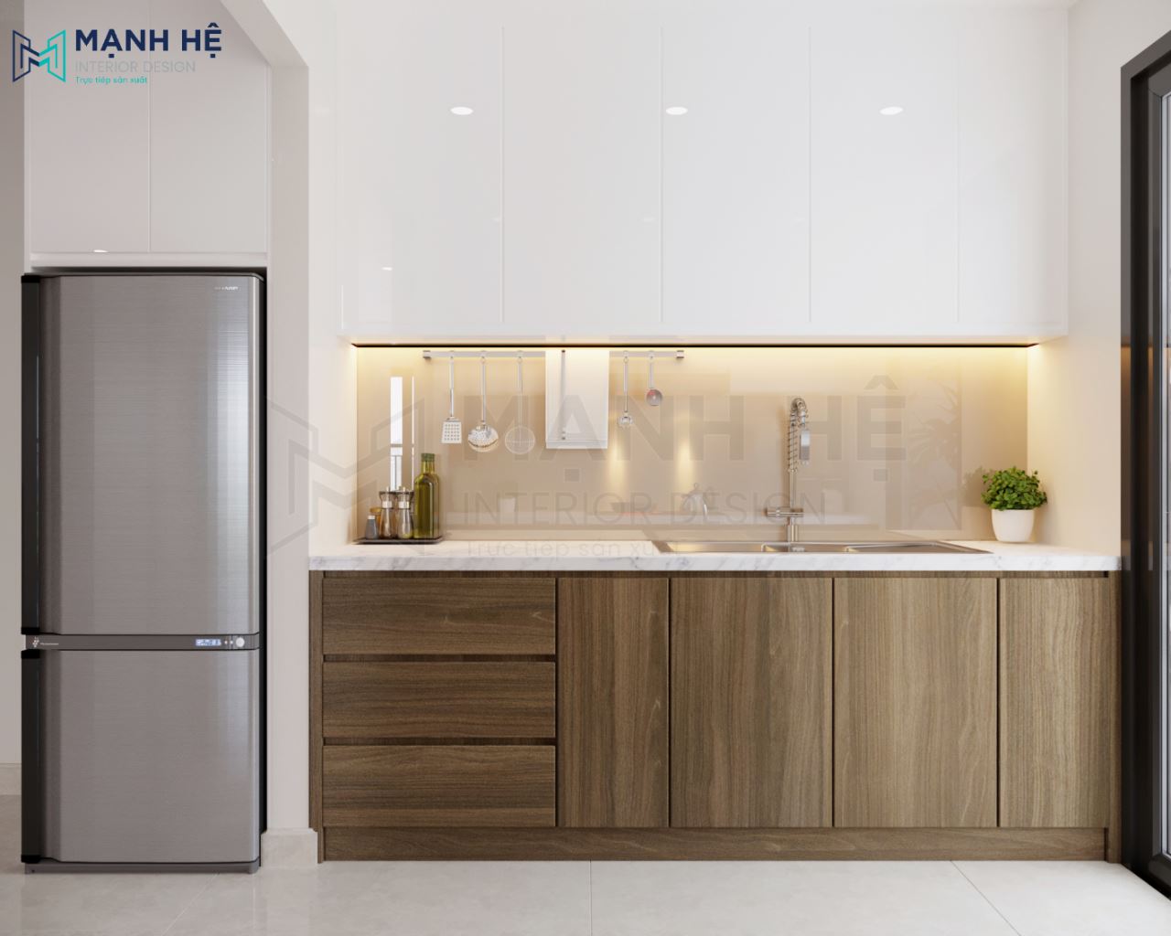Thiết kế mẫu tủ bếp chữ I phủ melamine kết hợp cùng Acrylic nhỏ gọn, tiết kiệm không gian