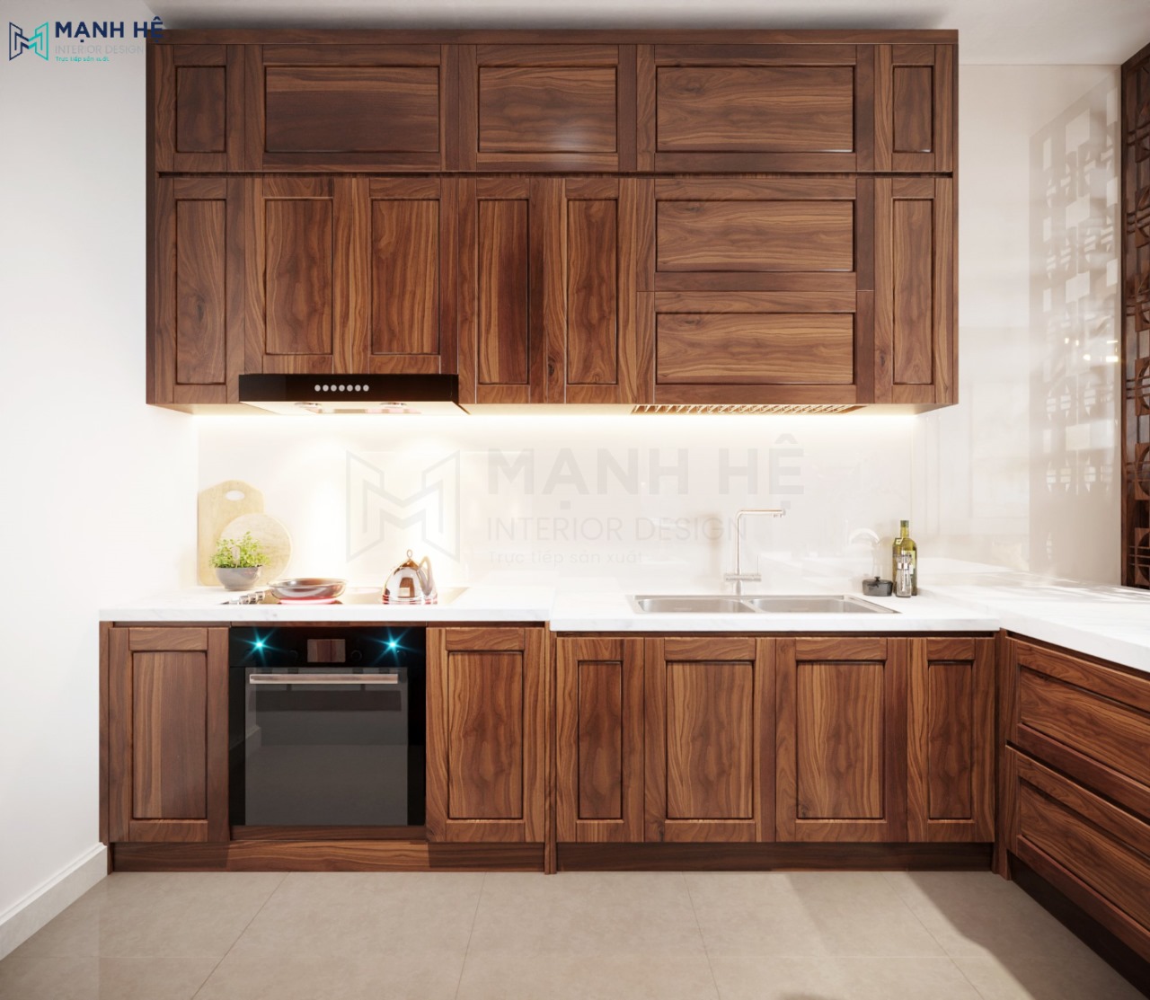 Thiết kế tủ bếp gam màu nâu gỗ óc chó tự nhiên kiểu dáng chữ L nhỏ đơn giản dành cho chung cư 
