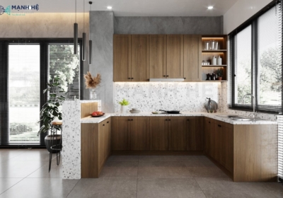 Thiết kế tủ bếp chữ U có quầy bar hiện đại sang trọng