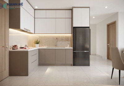 Hệ tủ bếp chữ L được làm từ gỗ công nghiệp MDF đẹp hiện đại