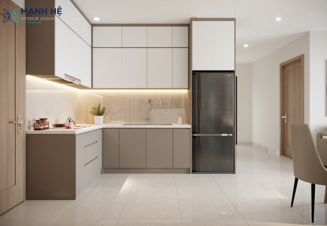 Thiết kế hệ tủ bếp chữ L kịch trần giúp tăng diện tích lưu trữ