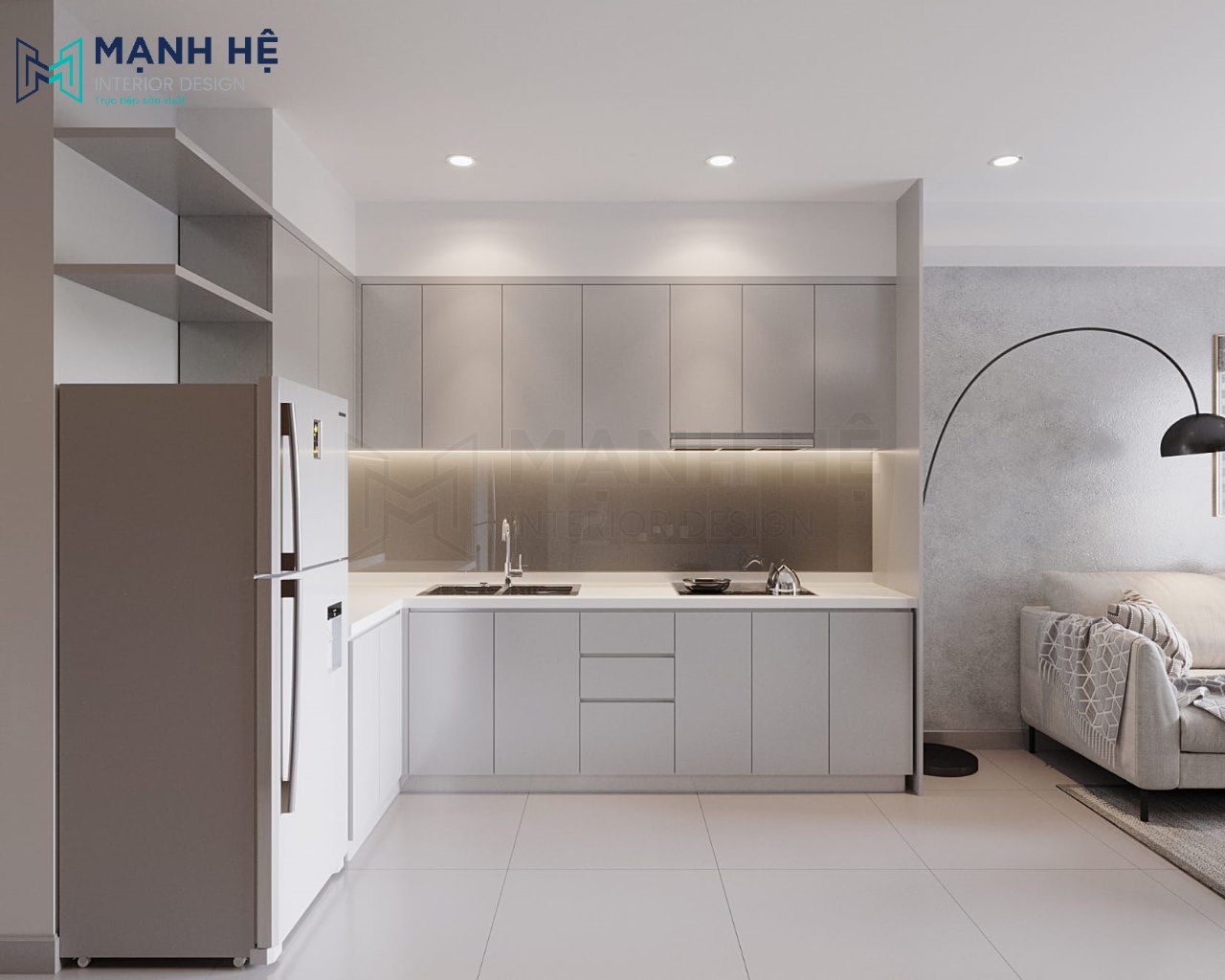 Mẫu tủ bếp chữ L màu ghi xám hiện đại, kết hợp cùng mặt đá bếp màu trắng hài hòa