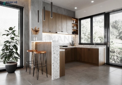 Thiết kế tủ bếp nối liền quầy bar mini đẹp hiện đại và sang trọng
