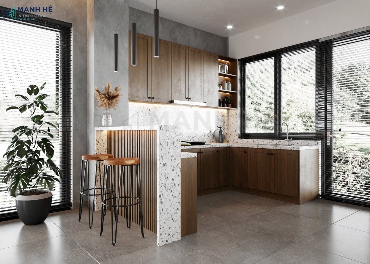Thiết kế tủ bếp nối liền quầy bar mini đẹp hiện đại và sang trọng