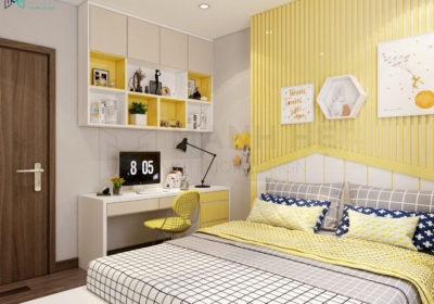 Thiết kế góc học tập nhỏ trong phòng màu vàng phối trắng sinh động