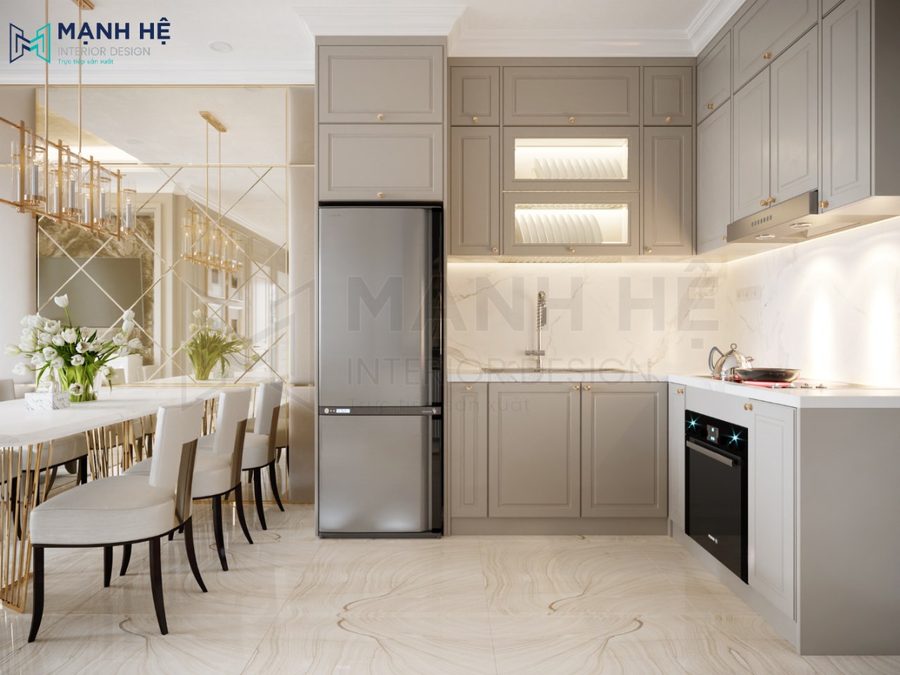 Thiết kế tủ bếp dáng chữ L sử dụng chất liệu gỗ xoan đào sơn xám tinh tế 