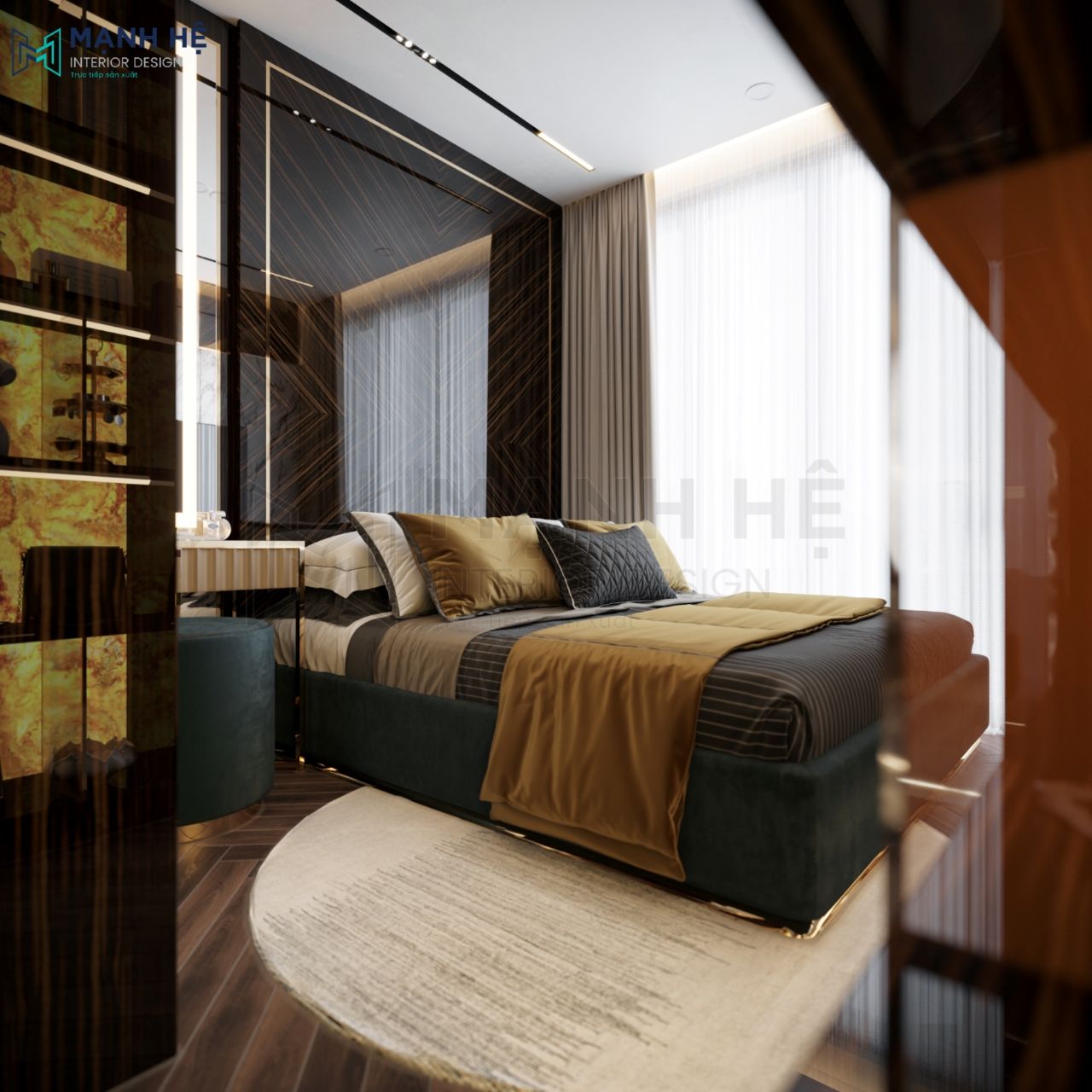 Thiết kế nội thất phòng ngủ master phong cách luxury với gam màu xanh lá đậm và nâu làm chủ đạo