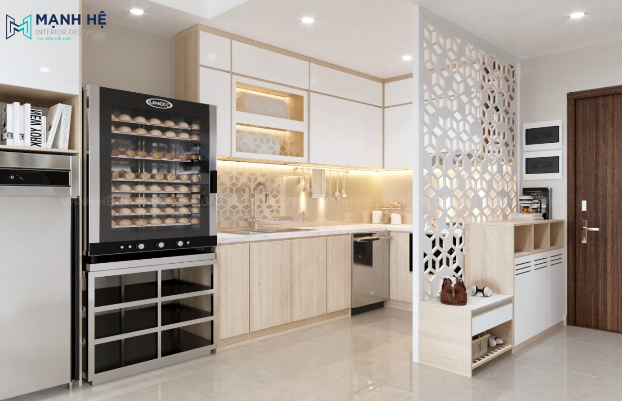Hệ tủ bếp chữ L ôm sát tường tối ưu diện tích không gian ngôi nhà