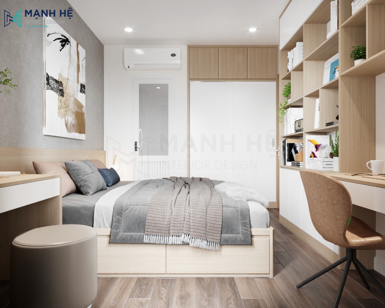 Thiết kế nội thất phòng ngủ master nhỏ với gam màu xám hiện đại