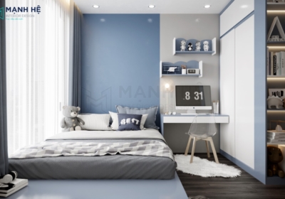 Mẫu phòng ngủ màu xanh đậm dành cho bé trai trầm tính.