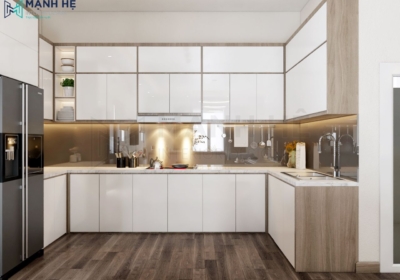Mẫu tủ bếp chữ U hiện đại phủ Acrylic cho nhà rộng nay lại thêm rộng hơn