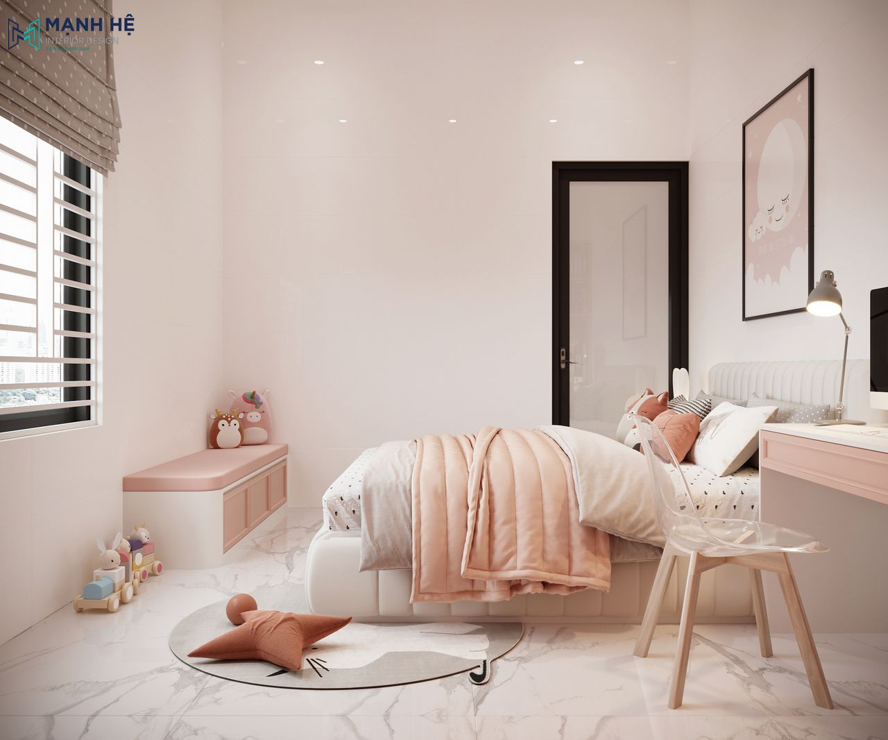 Giường ngủ thiết kế dạng hộp kín bọc nệm da êm ái đặt ở chính giữa phòng