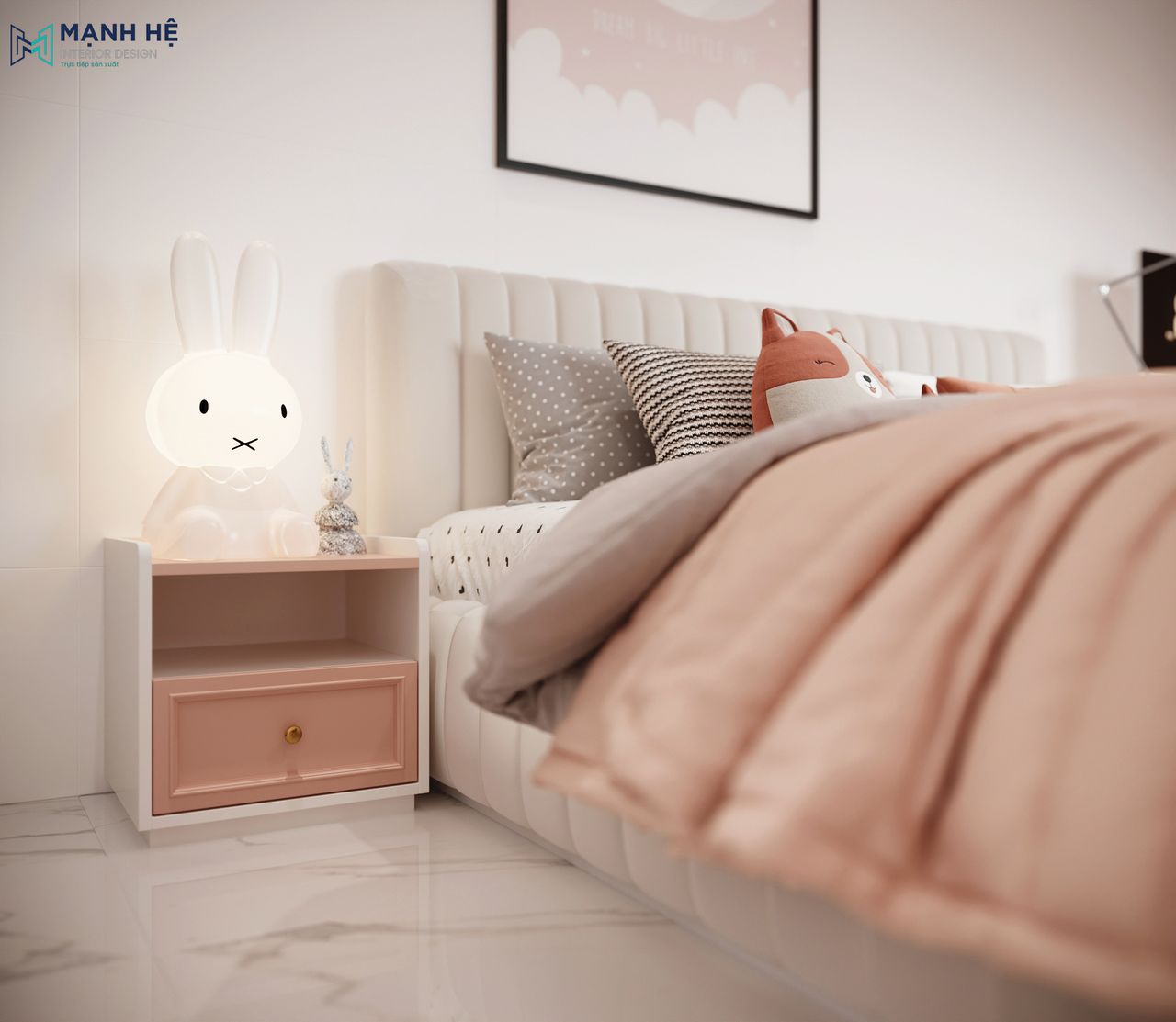 Tab đầu giường thiết kế bằng gỗ công nghiệp với 2 màu đặc trưng của phòng