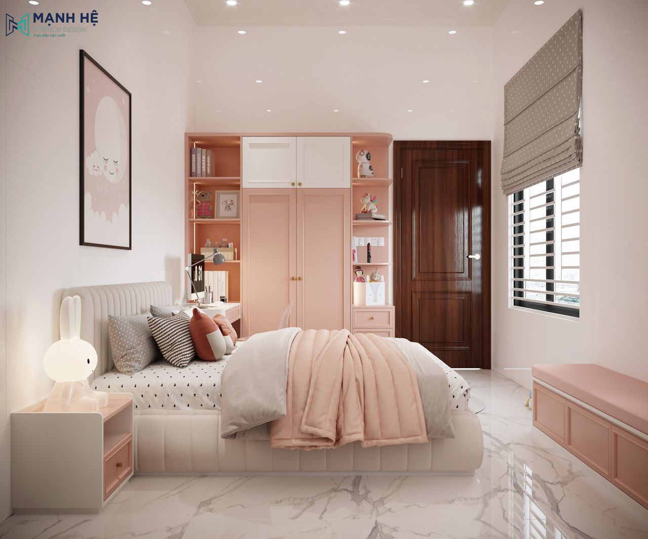 Tủ quần áo kịch trần tích hợp kệ trang trí mở 2 màu hồng trắng bằng gỗ công nghiệp