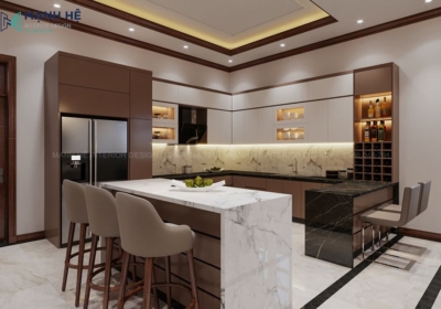 Thiết kế bàn đảo bếp nối liền hệ tủ bếp chữ L, đem đến vẻ đẹp sang trọng, hiện đại cho không gian nhà bếp