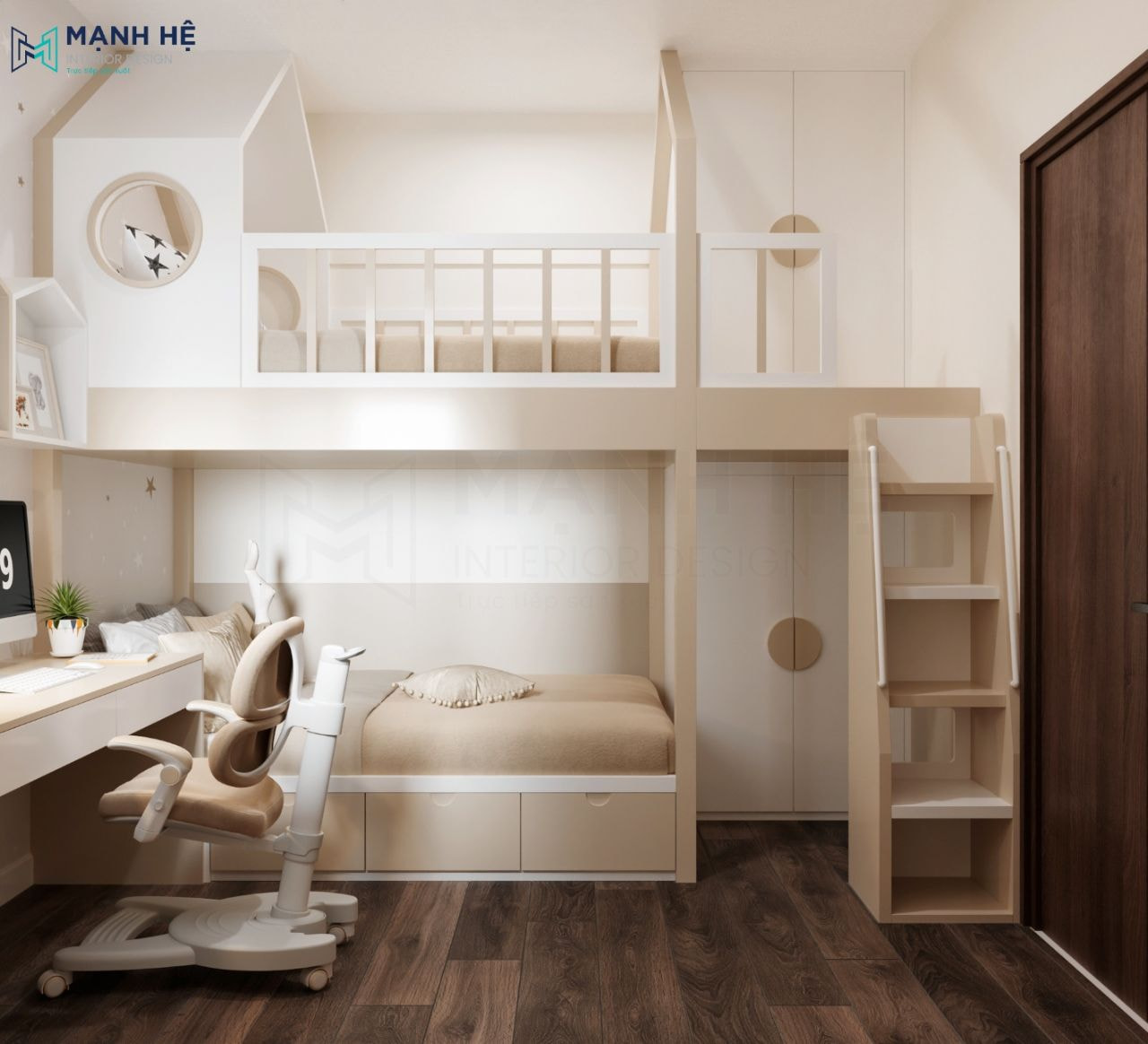 Giường tầng kết hợp kệ trang trí GT093