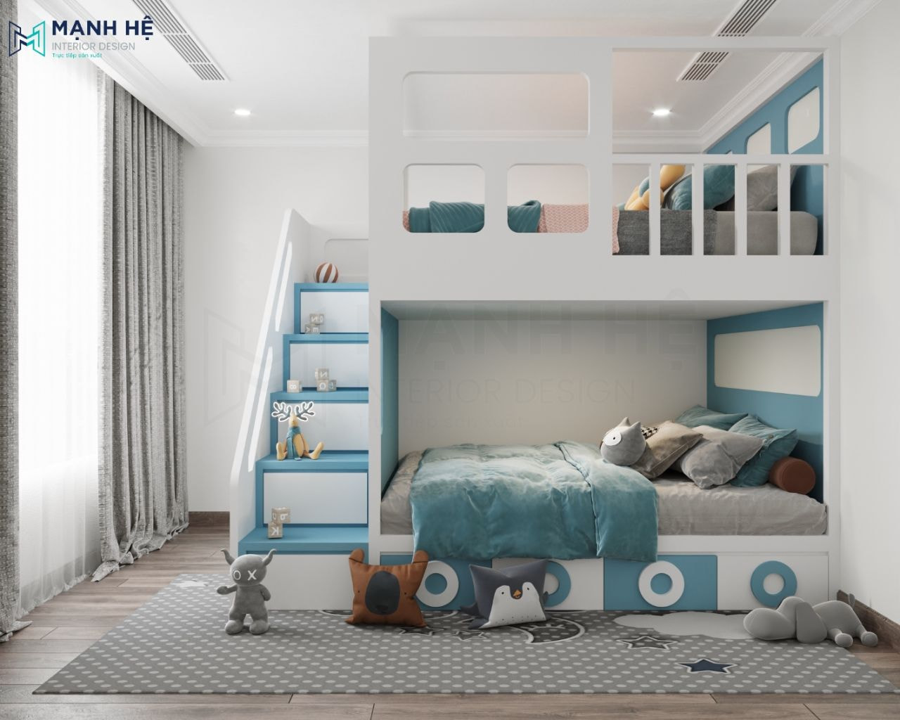 Giường tầng gỗ màu xanh trắng GT099