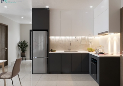 Hệ tủ bếp chữ L Melamine màu trắng phối đen tương phản, mang đến vẻ đẹp hiện đại cho gia chủ