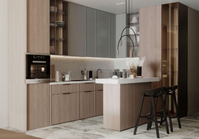 Mẫu tủ bếp melamine có quầy bar nhỏ gọn