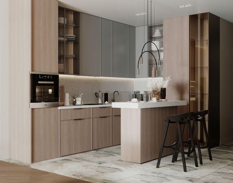 Mẫu tủ bếp melamine có quầy bar nhỏ gọn