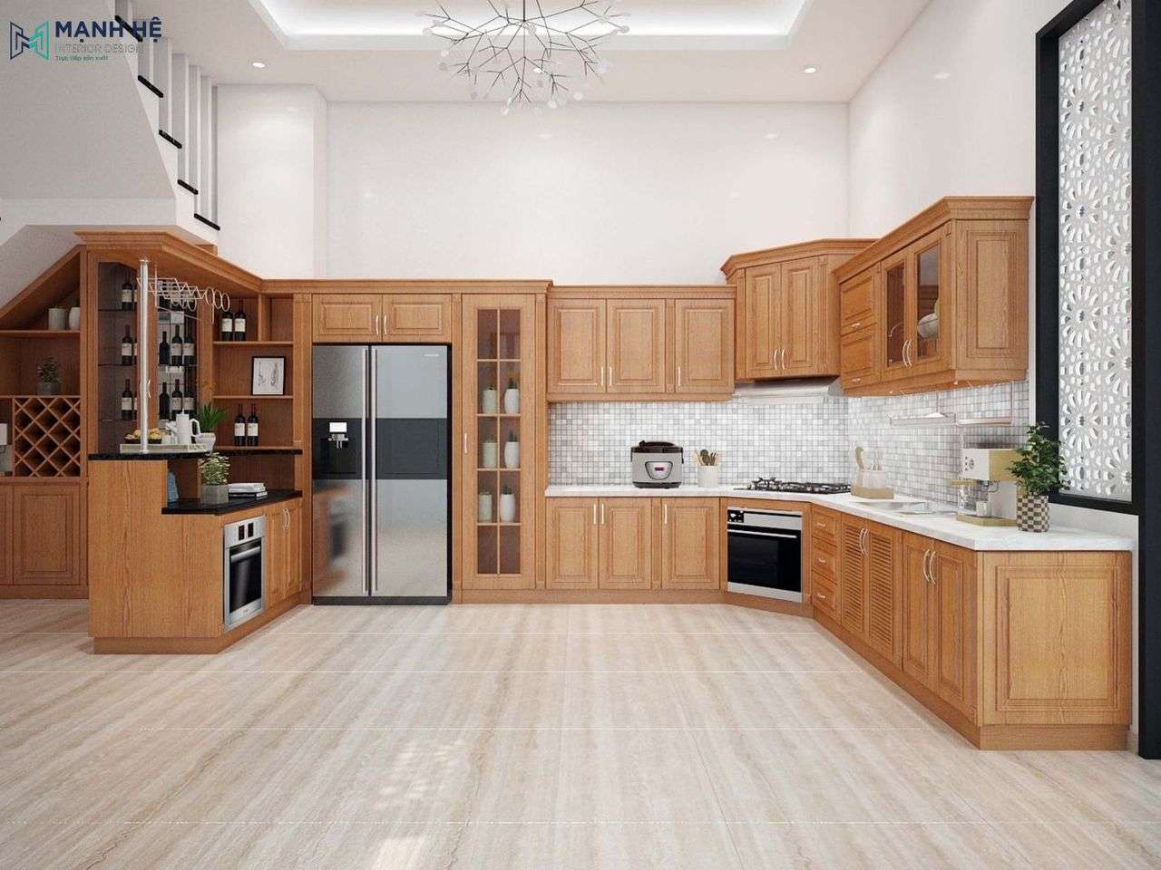 Mẫu tủ bếp gỗ công nghiệp kết hợp quầy bar mini tích hợp khu vực để tủ lạnh 