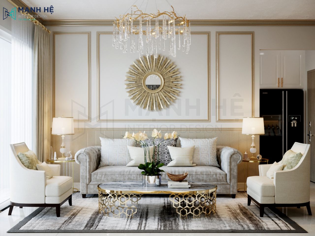 Mẫu gương trang trí phòng khách phong cách tân cổ điển đầy vẻ kiêu sa kết hợp cùng đường phào chỉ ở vách làm tăng thêm sự đẳng cấp