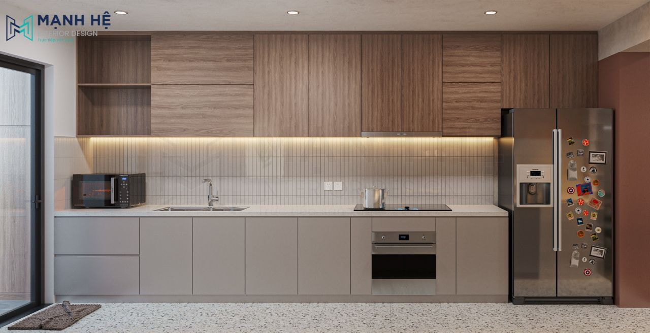 Thiết kế tủ bếp chữ I gỗ công nghiệp phủ melamine