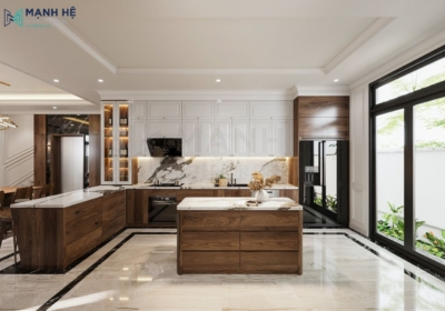 Mẫu phòng bếp toát lên vẻ đẹp thanh lịch với sự đồng bộ chất liệu gỗ cho nội thất bếp