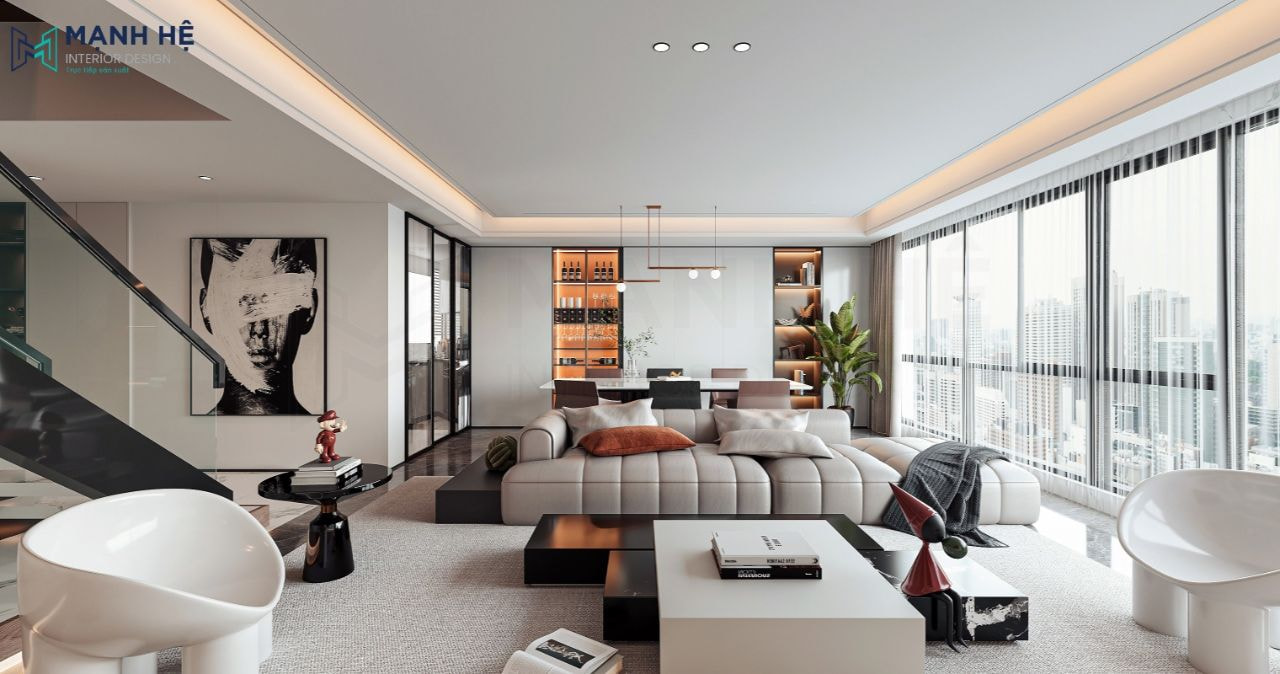 Nội thất phòng khách căn hộ sử dụng chất liệu gỗ công nghiệp phủ melamine có diện tích tương đối lớn