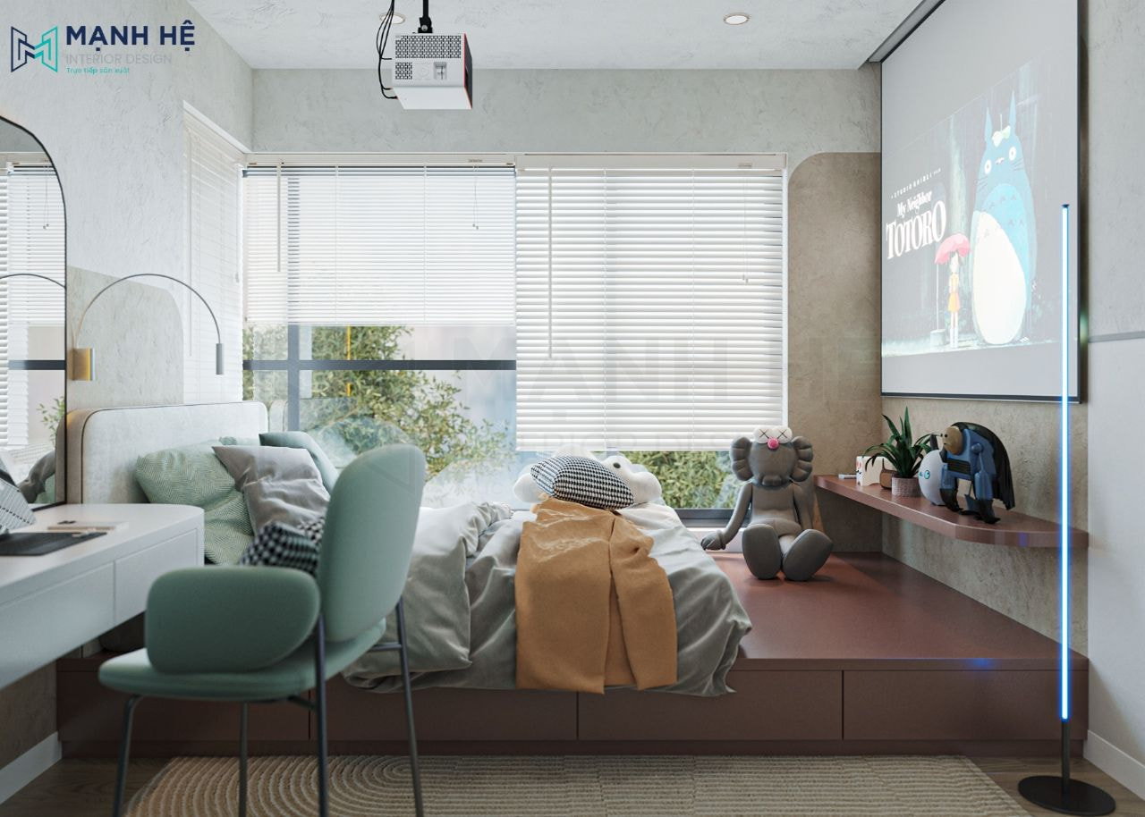 Phòng ngủ cho 2 bé trai thiết kế giường bục đặt cạnh cửa sổ với 2 gam màu xanh đỏ độc đáo